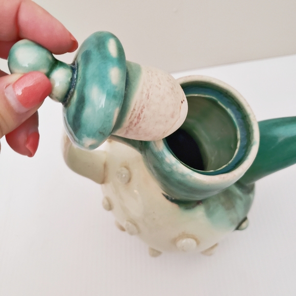 Hand Crafted Artisan Whimsical Pottery Teapot Teal Cream - Picture 6 of 12